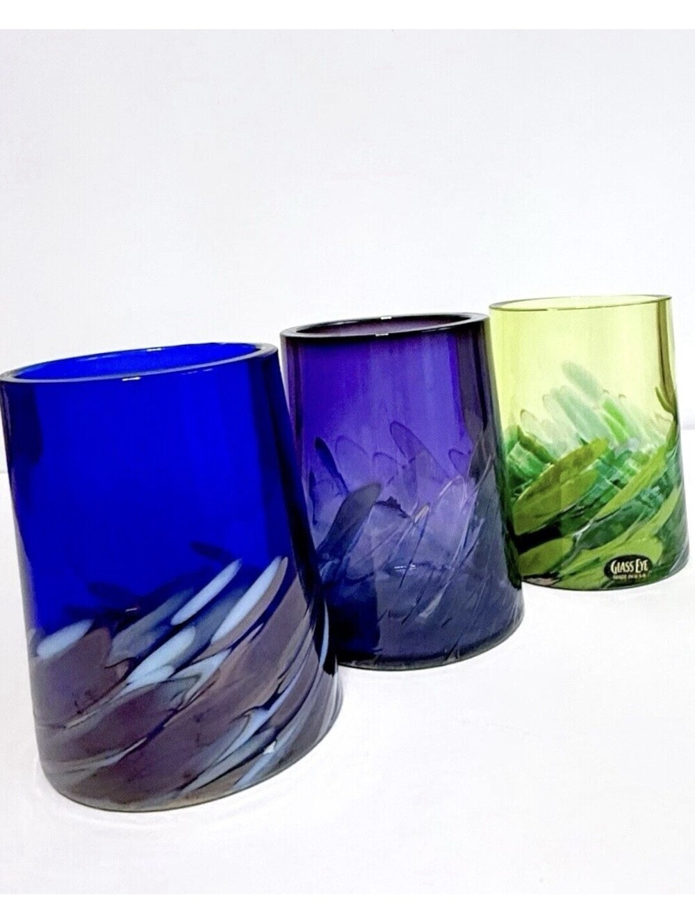 Glass Eye Hand Blown Art Glass Tumblers Set of 3 Blue Green Purple Made USA